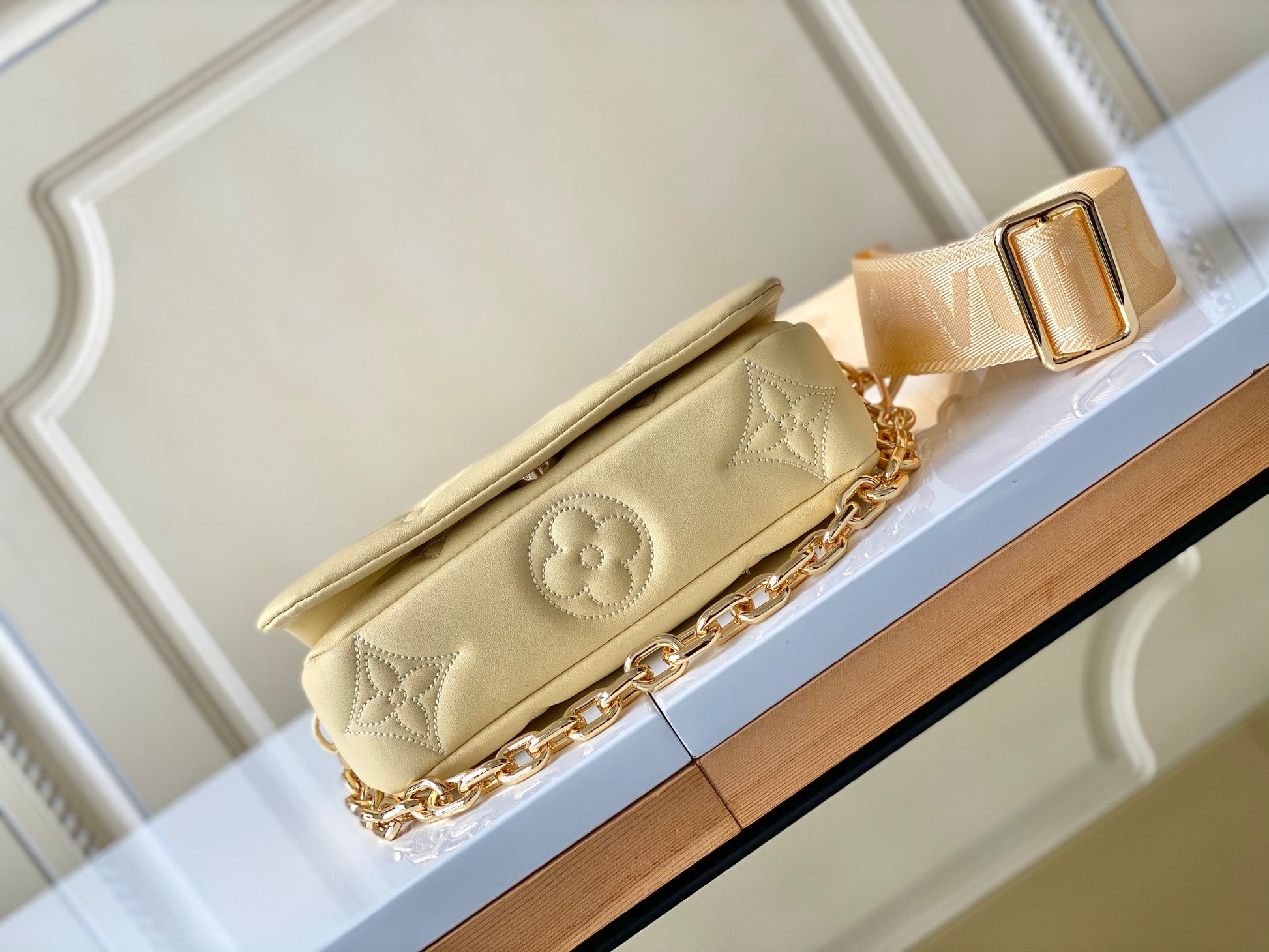 Louis Vuitton Light Yellow Quilted Crossbody Bag with Chain and Wide Strap
