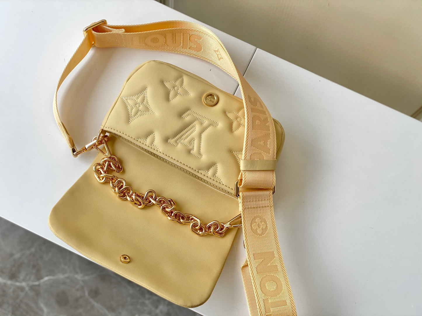 Louis Vuitton Light Yellow Quilted Crossbody Bag with Chain and Wide Strap