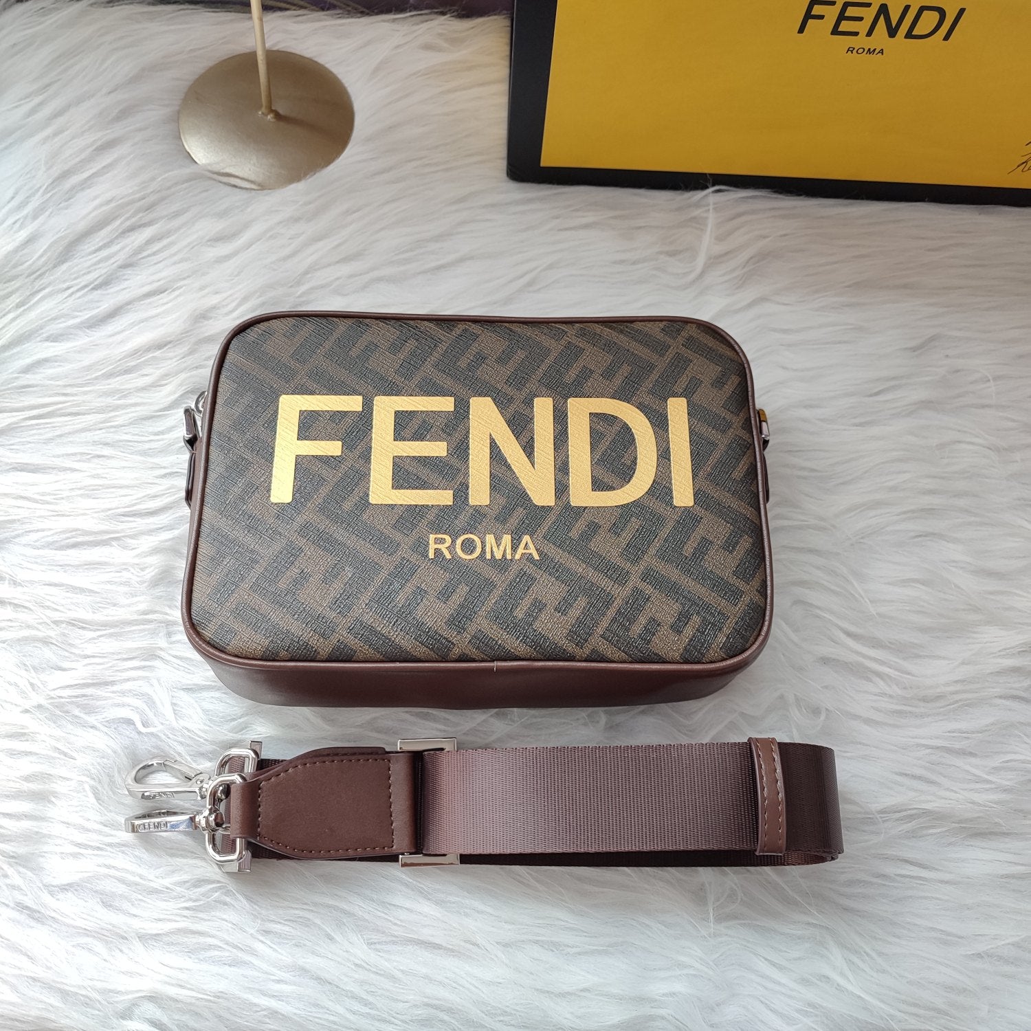 Fendi Roma Brown Fabric Crossbody Camera Bag