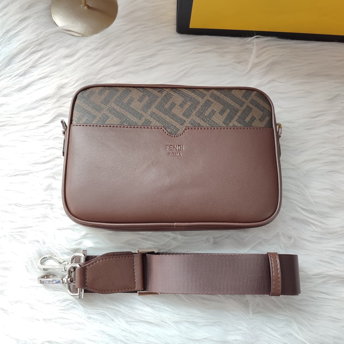 Fendi FF Monogram Camera Case Bag with Yellow Logo - Brown