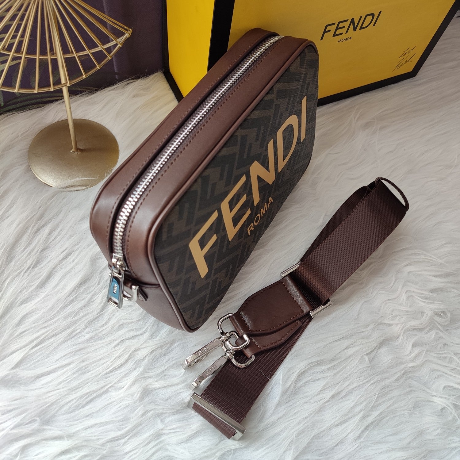 Fendi Roma Brown Fabric Crossbody Camera Bag