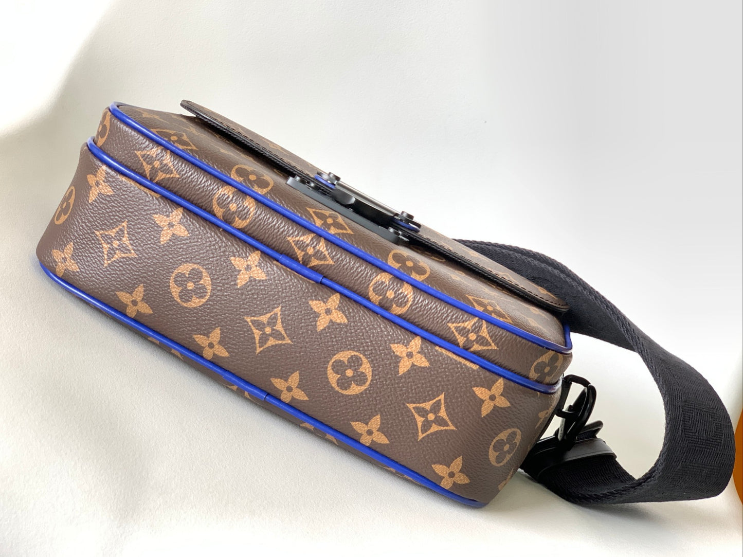 Louis Vuitton Monogram Print Brown Crossbody Bag with Blue Trim and Black Hardware