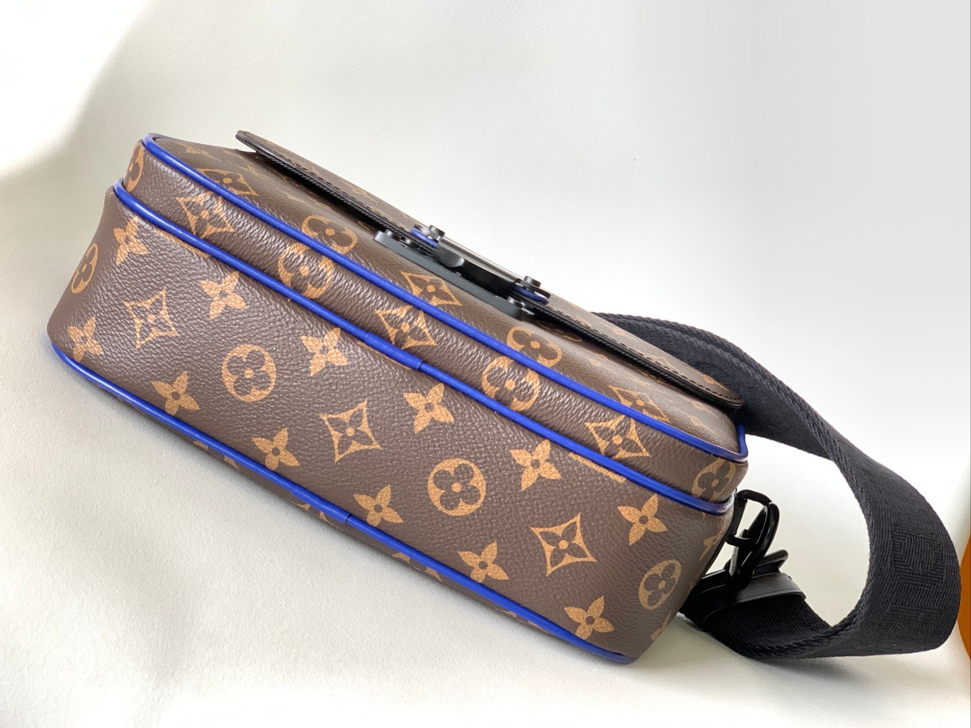 Louis Vuitton Monogram Print Brown Crossbody Bag with Blue Trim and Black Hardware