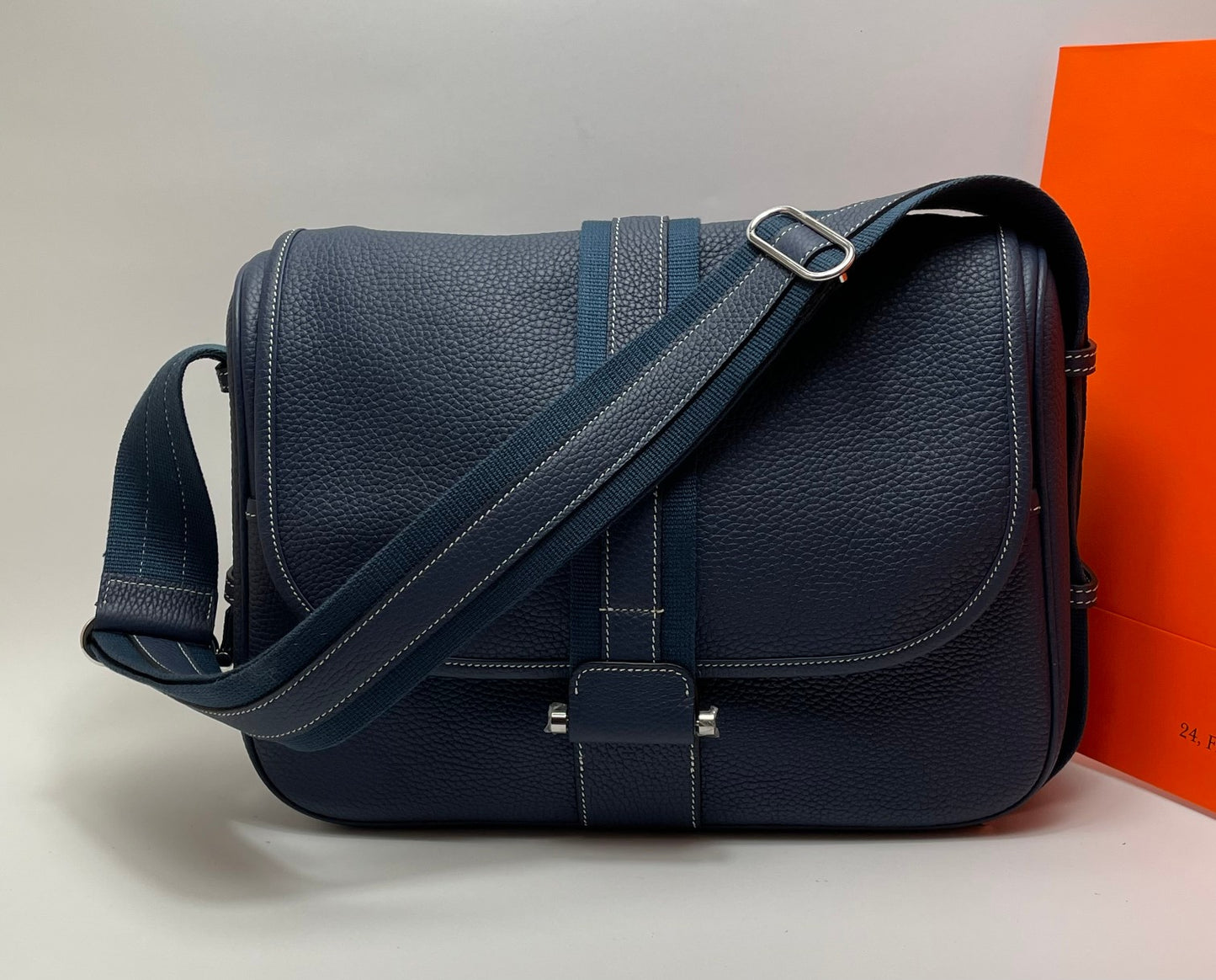 Luxury Navy Blue Leather Messenger Crossbody Bag - Adjustable Strap