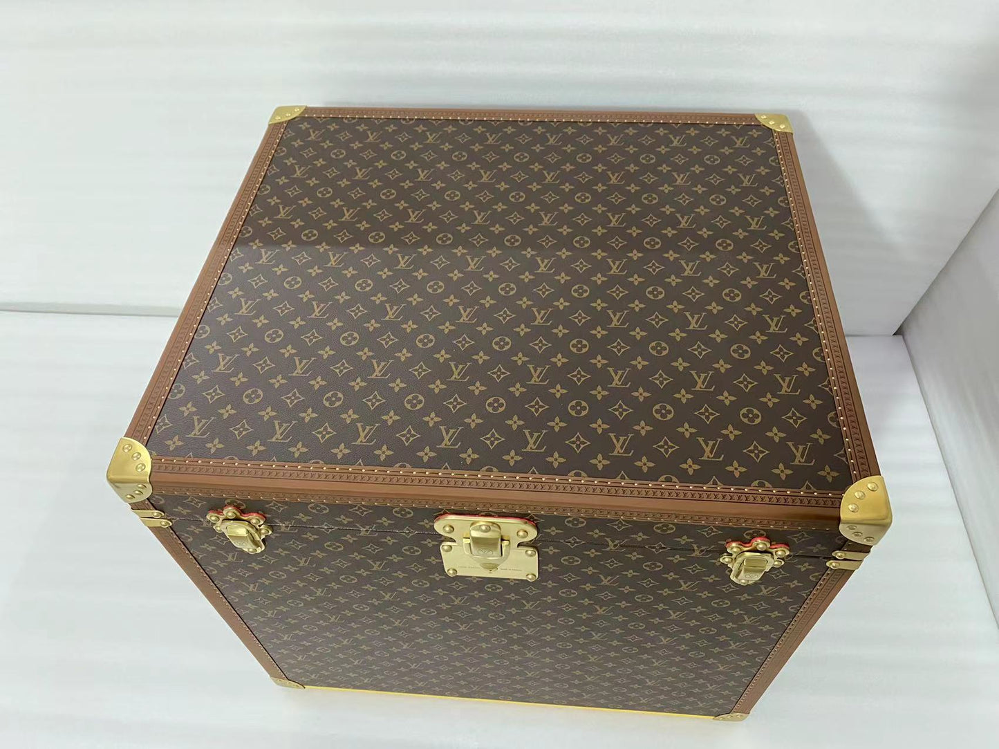 Classic Brown Monogram Storage Trunk Chest with Gold Latches
