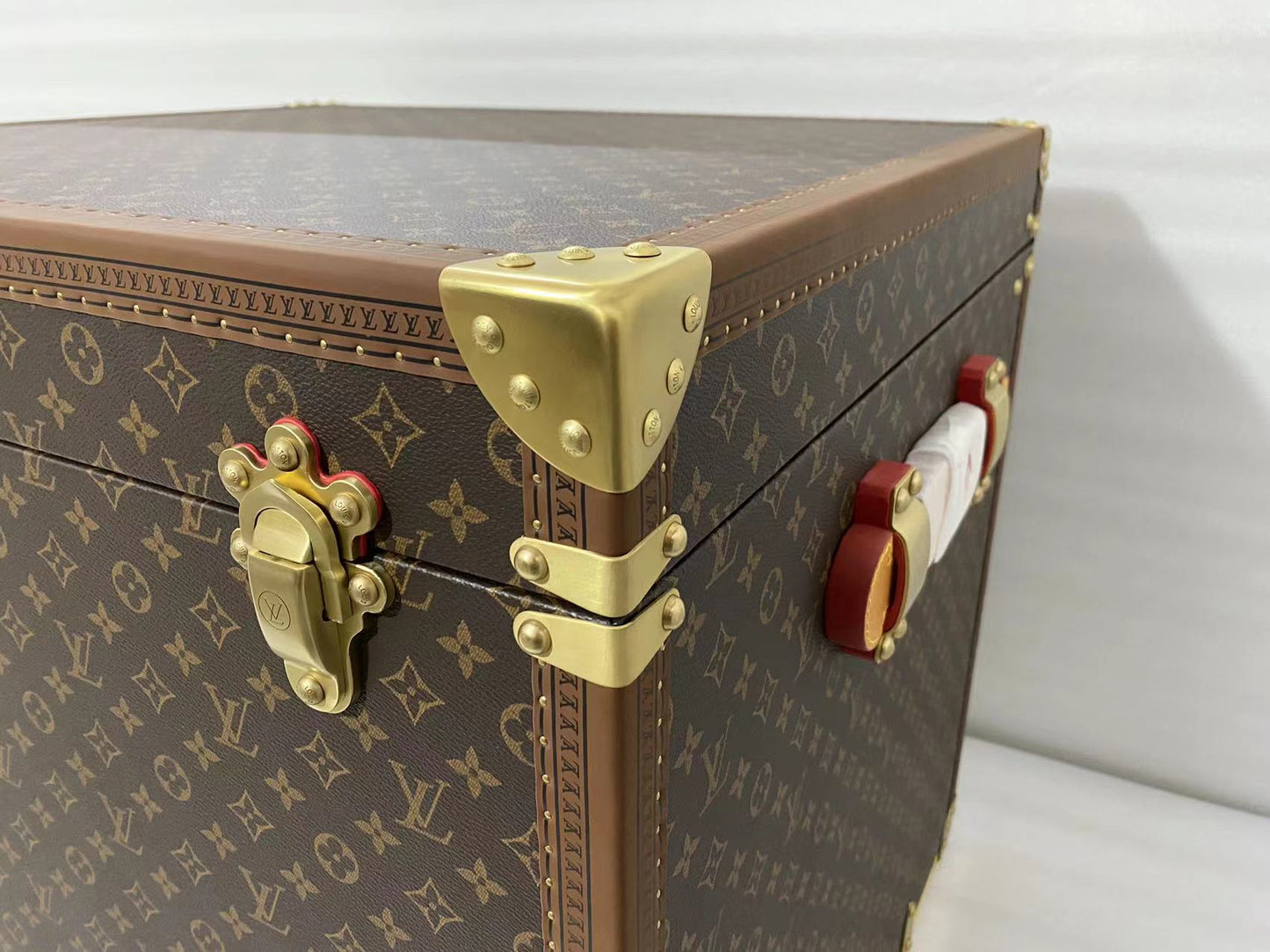 Classic Brown Monogram Storage Trunk Chest with Gold Latches