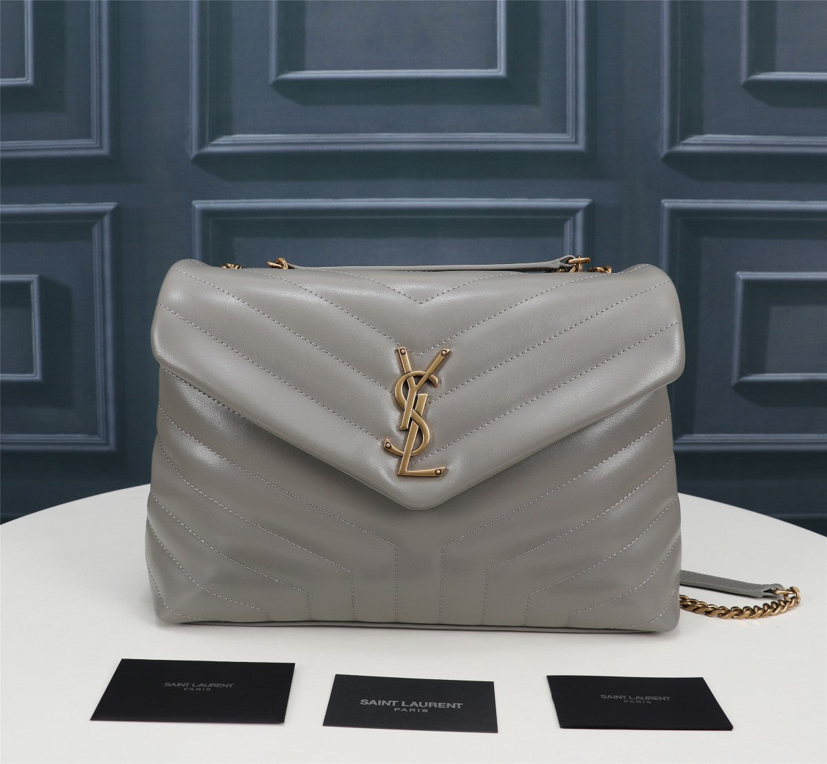 Saint Laurent Small Loulou Quilted Leather Shoulder Bag - Grey with Gold Hardware