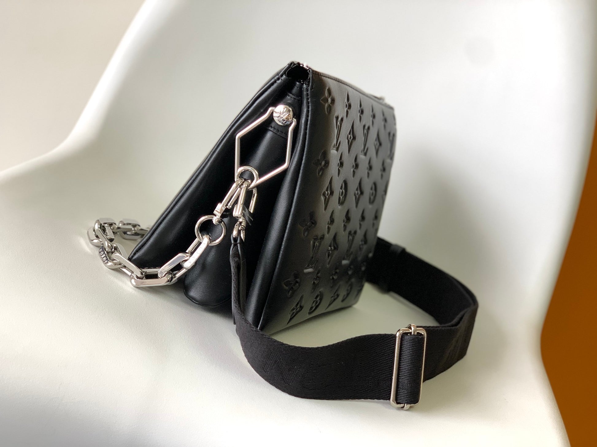 Louis Vuitton Black Embossed Crossbody Bag with Chain and Wide Adjustable Strap