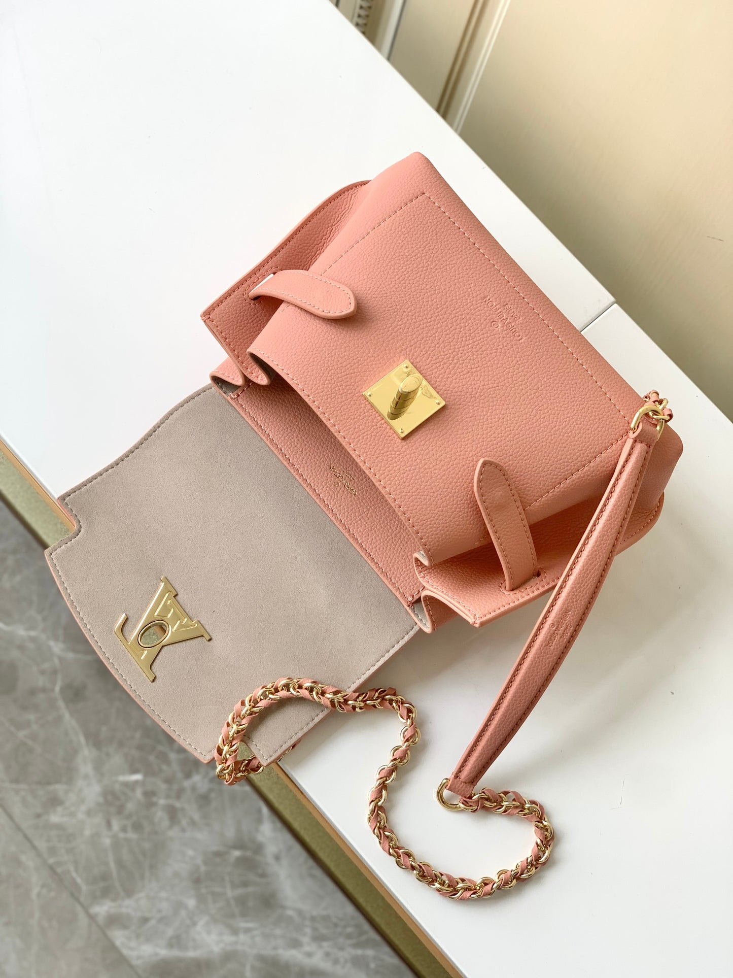 Louis Vuitton Blush Pink Grained Leather Top Handle Handbag with Gold Clasp