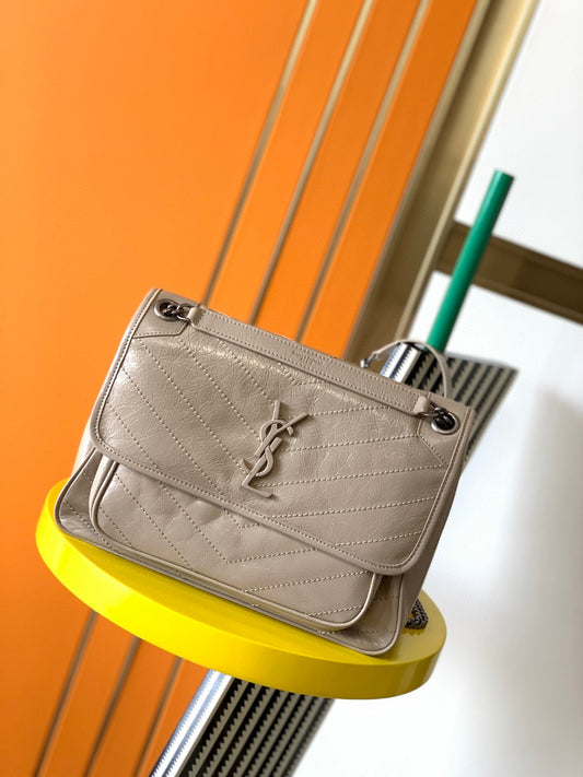 Saint Laurent Niki Medium Shoulder Bag in Beige Crinkled Leather