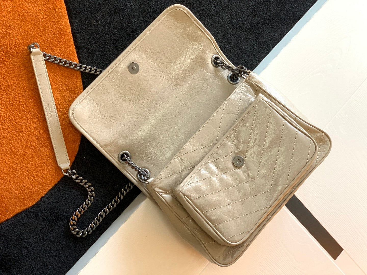 Saint Laurent Niki Medium Shoulder Bag in Crinkled Vintage Leather - Beige