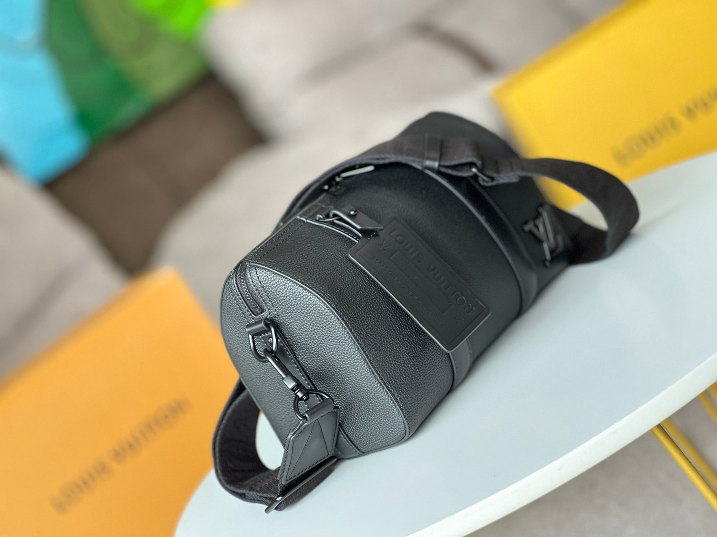 Louis Vuitton Minimalist Black Barrel Crossbody Shoulder Bag with Luggage Tag