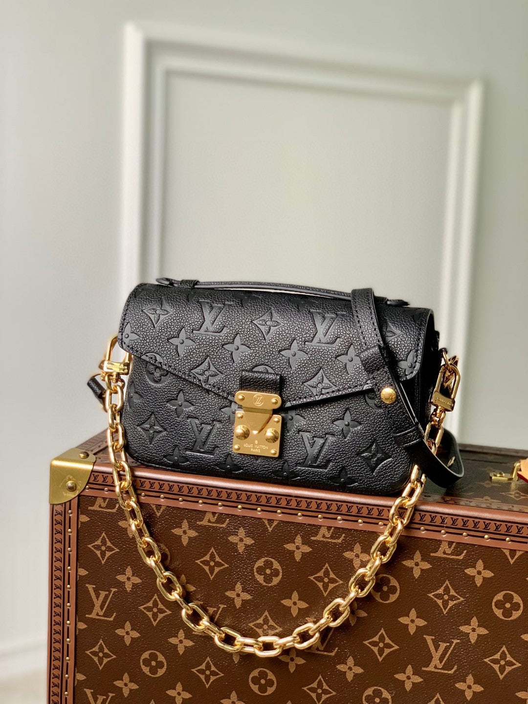 Louis Vuitton Classic Black Embossed Leather Shoulder Bag with Gold Chain