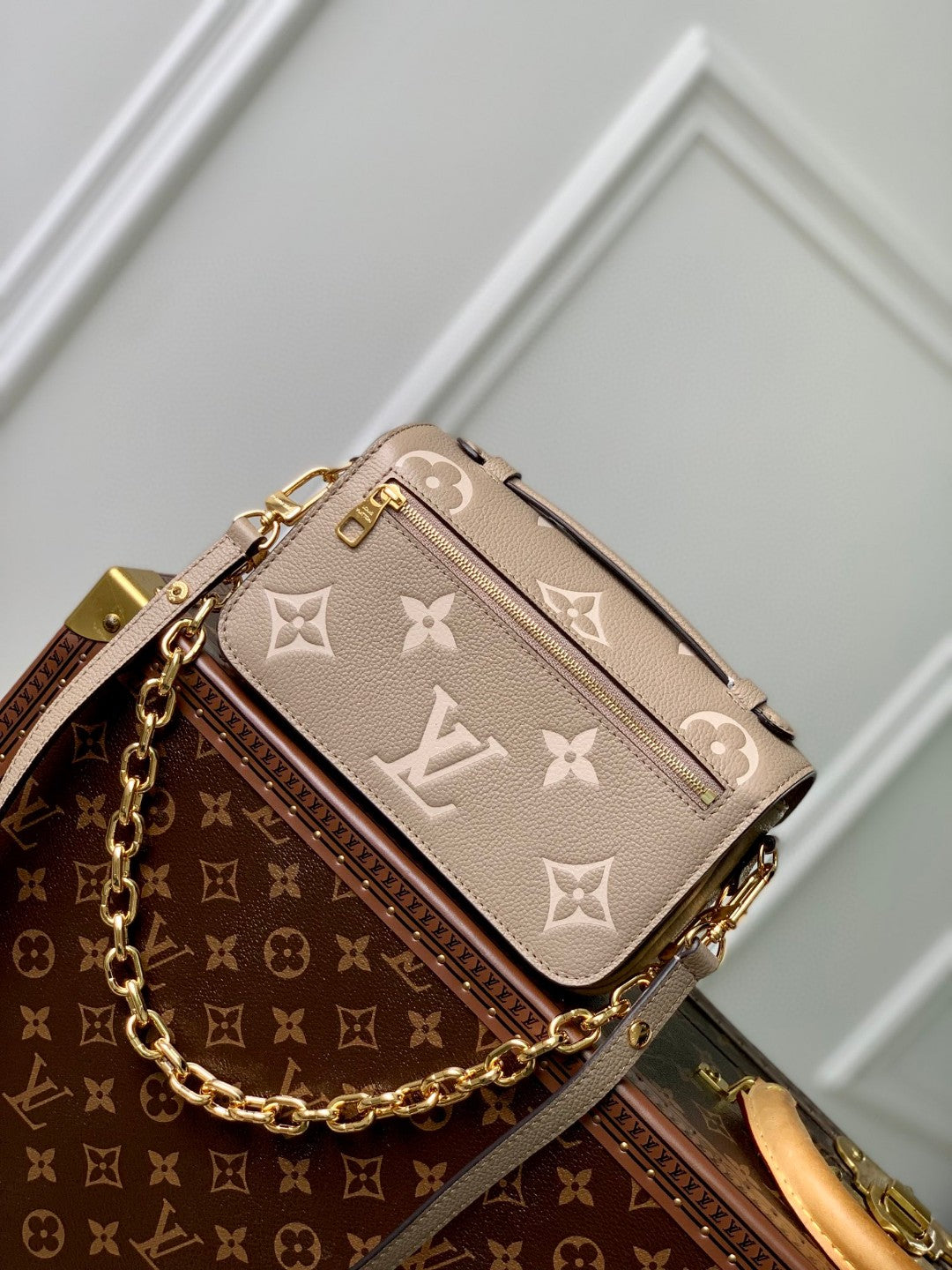 Louis Vuitton Taupe Monogram Embossed Leather Crossbody Handbag with Gold Clasp