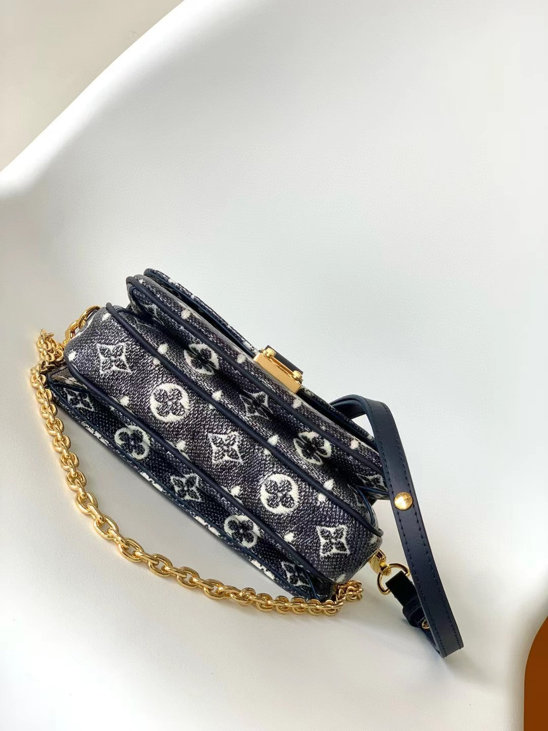 Louis Vuitton Navy Blue Monogram Denim Crossbody Bag with Gold Chain Strap