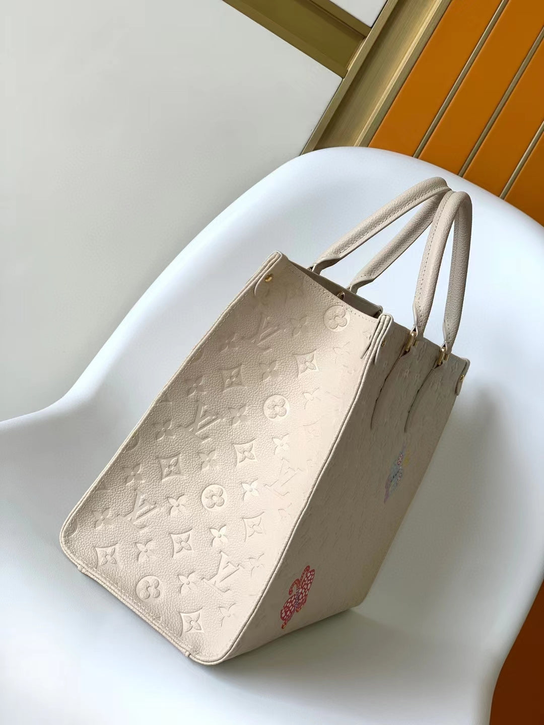 Louis Vuitton Luxury Beige Embossed Leather Tote Bag with Colorful Floral Embroidery