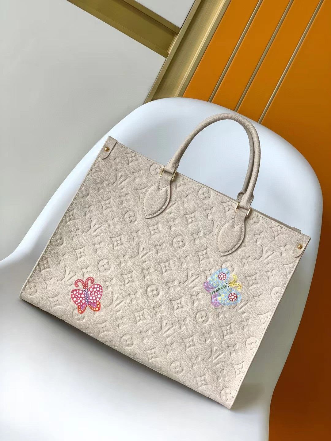 Louis Vuitton Luxury Beige Embossed Leather Tote Bag with Colorful Floral Embroidery
