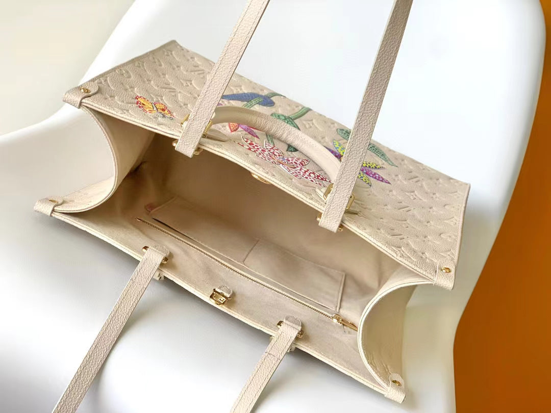 Louis Vuitton Luxury Beige Embossed Leather Tote Bag with Colorful Floral Embroidery