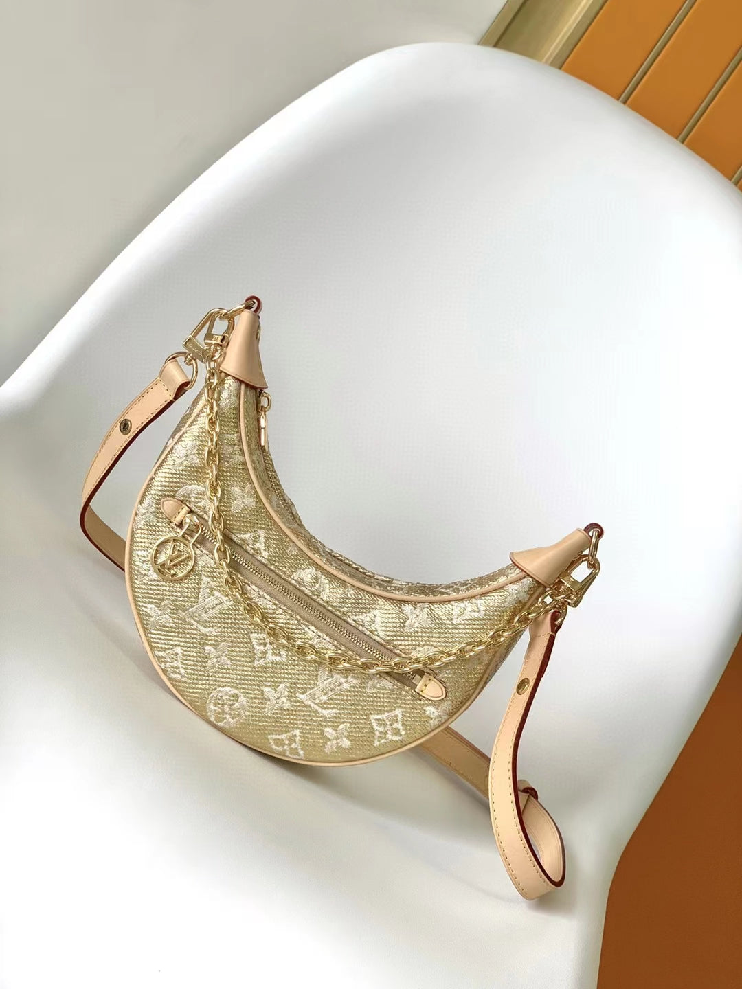 Louis Vuitton Beige Crescent Monogram Shoulder Bag with Gold Chain Strap