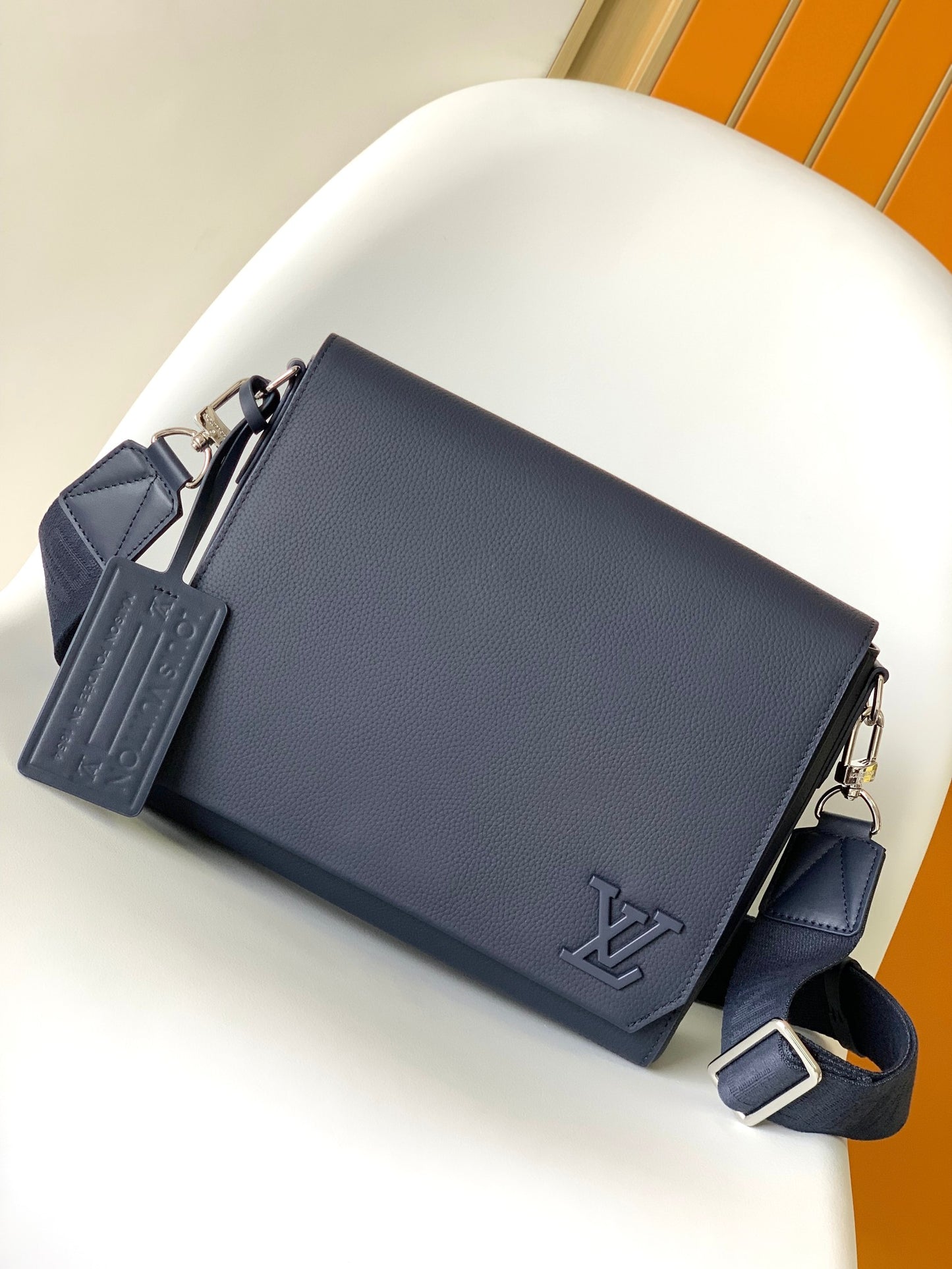 Louis Vuitton Navy Blue Textured Leather Crossbody Messenger Bag for Men
