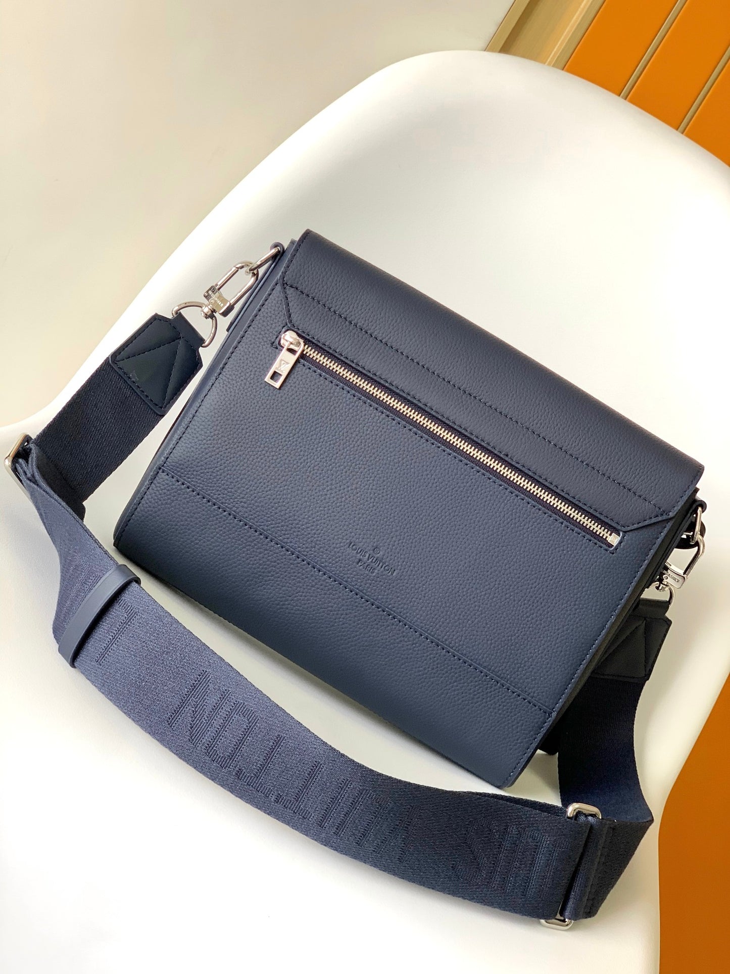 Louis Vuitton Navy Blue Textured Leather Crossbody Messenger Bag for Men