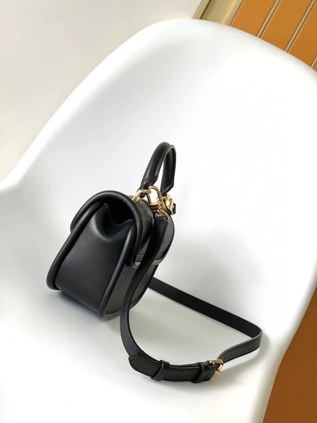 Louis Vuitton Classic Black Leather Mini Top Handle Handbag with Gold Clasp