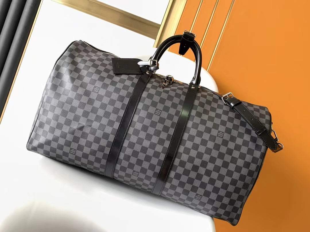 Louis Vuitton Grey Checkerboard Travel Duffle Bag with Leather Trim