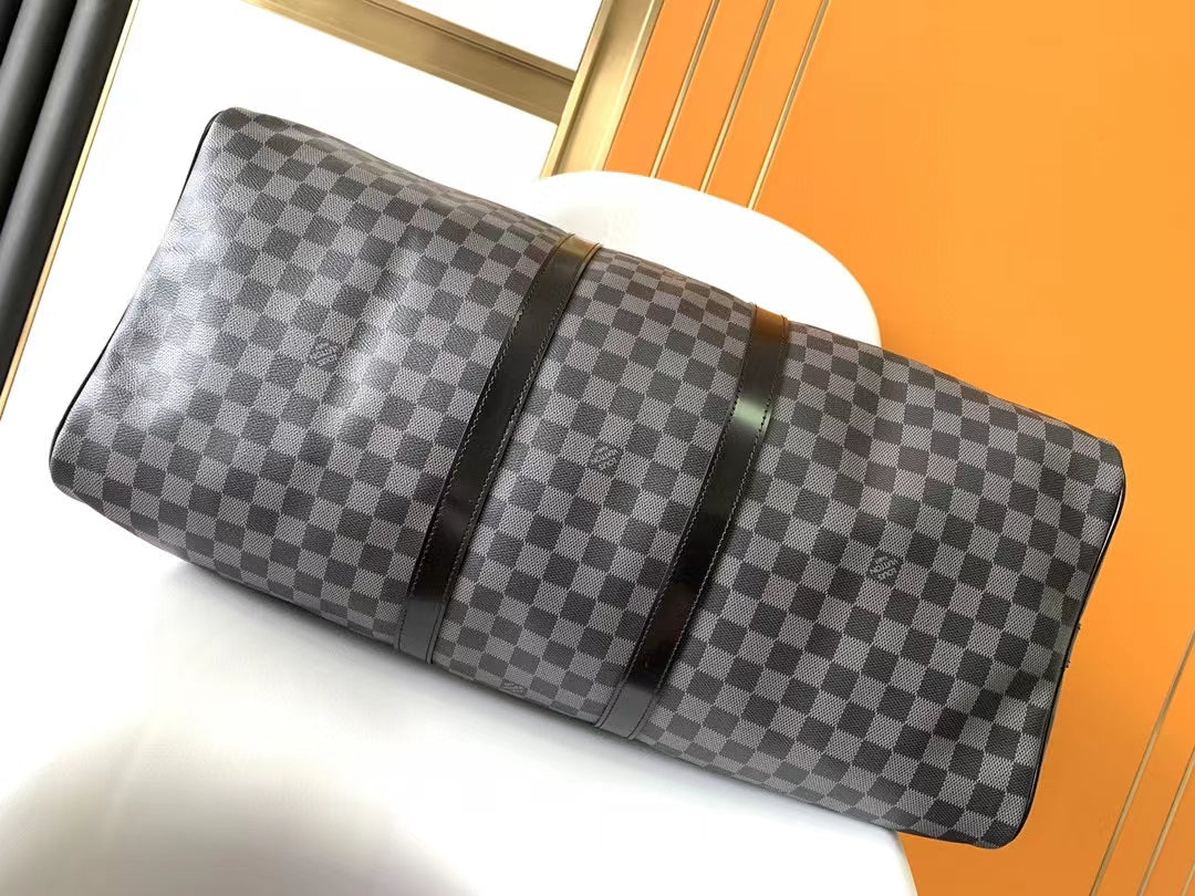 Louis Vuitton Grey Checkerboard Travel Duffle Bag with Leather Trim