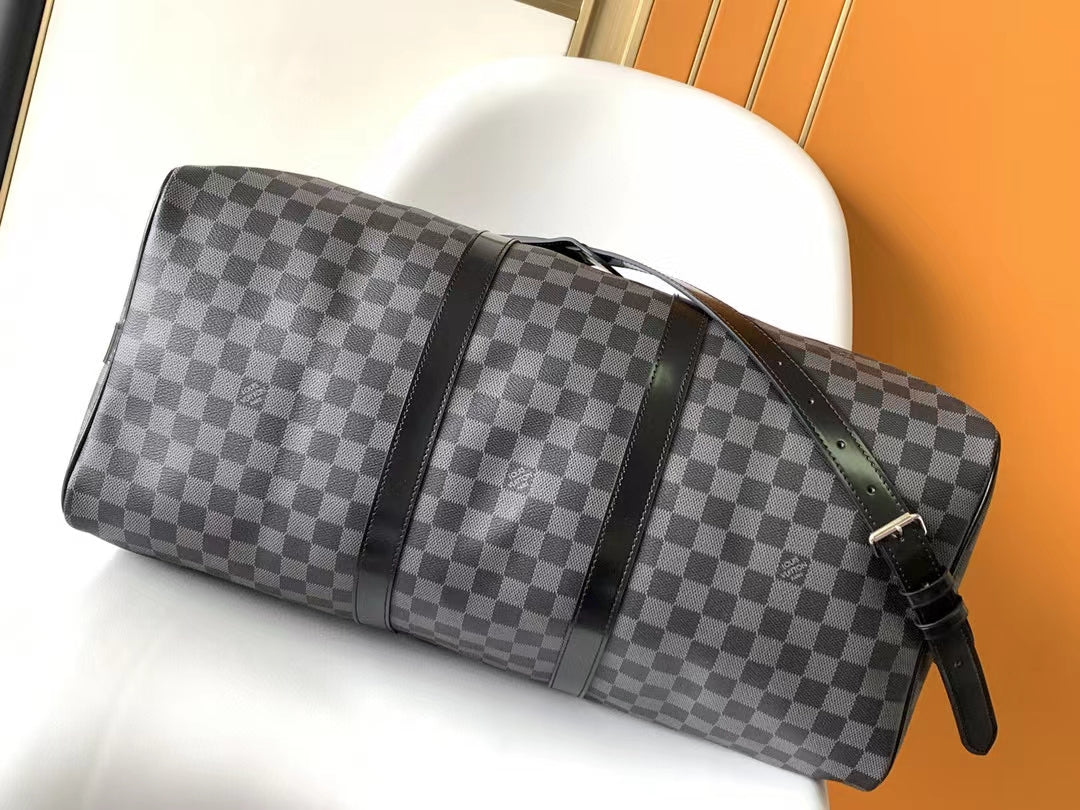 Louis Vuitton Classic Grey Checkerboard Travel Duffle Bag with Leather Trim