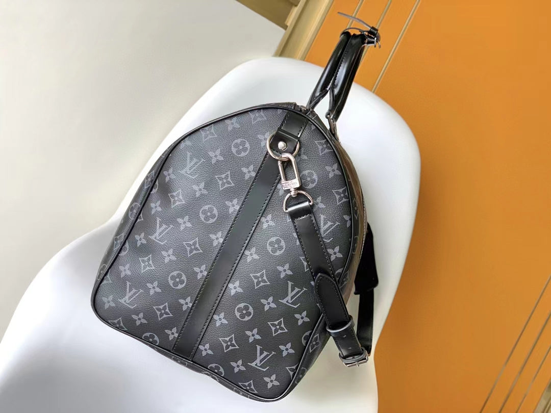 Louis Vuitton Classic Black Monogram Canvas Travel Duffel Bag with Shoulder Strap