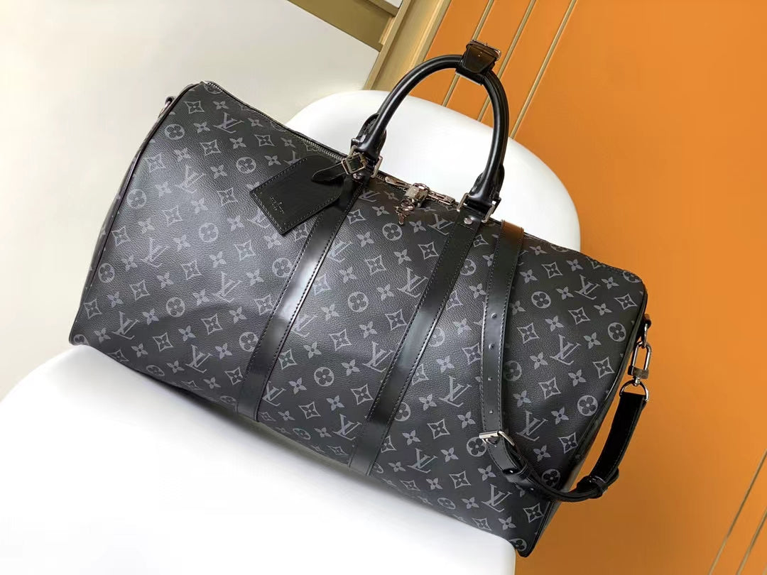 Louis Vuitton Black Monogram Pattern Travel Duffle Bag with Shoulder Strap