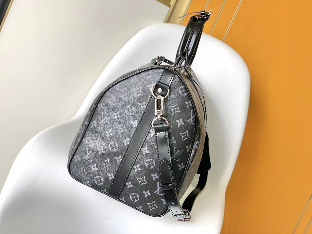 Louis Vuitton Black Monogram Pattern Travel Duffle Bag with Shoulder Strap
