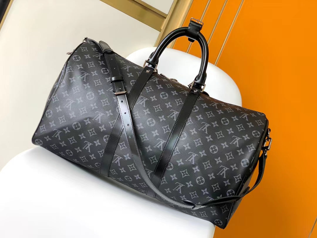Louis Vuitton Black Monogram Pattern Travel Duffle Bag with Shoulder Strap
