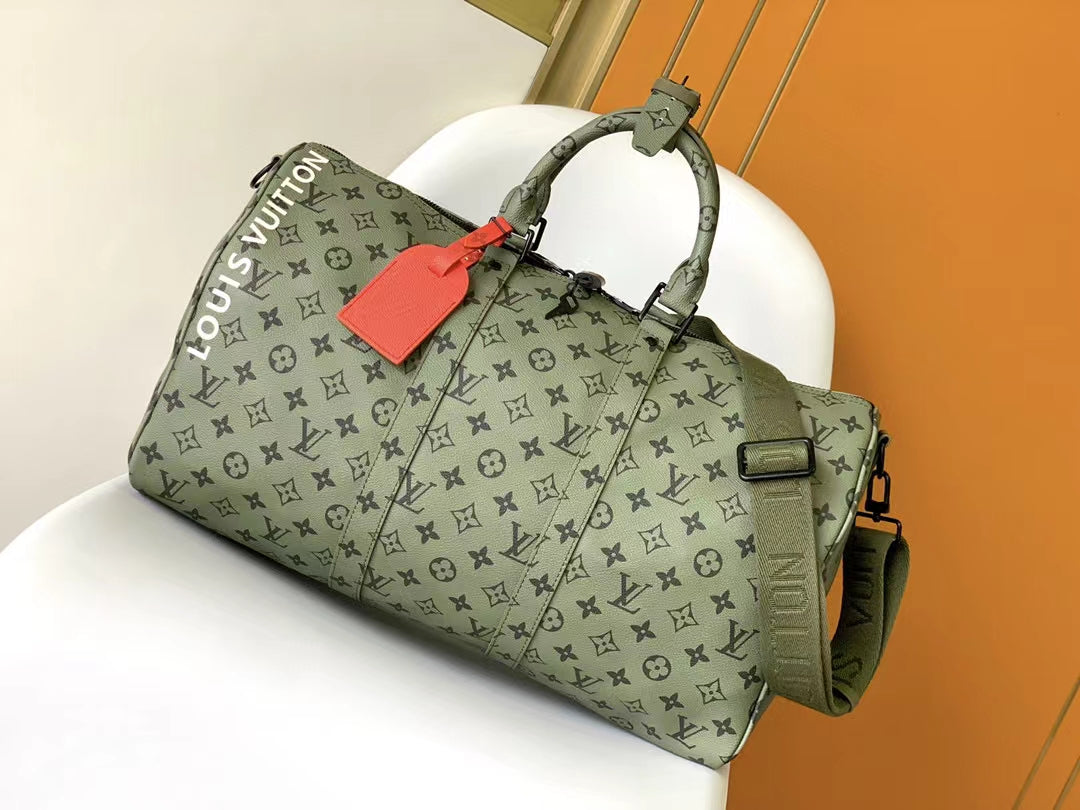 Louis Vuitton Olive Green Monogram Pattern Travel Duffle Bag with Shoulder Strap