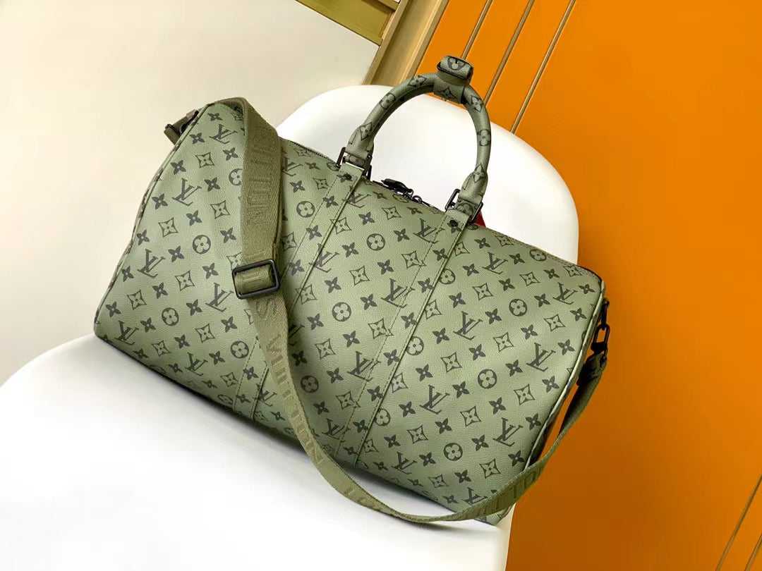 Louis Vuitton Olive Green Monogram Pattern Travel Duffle Bag with Shoulder Strap