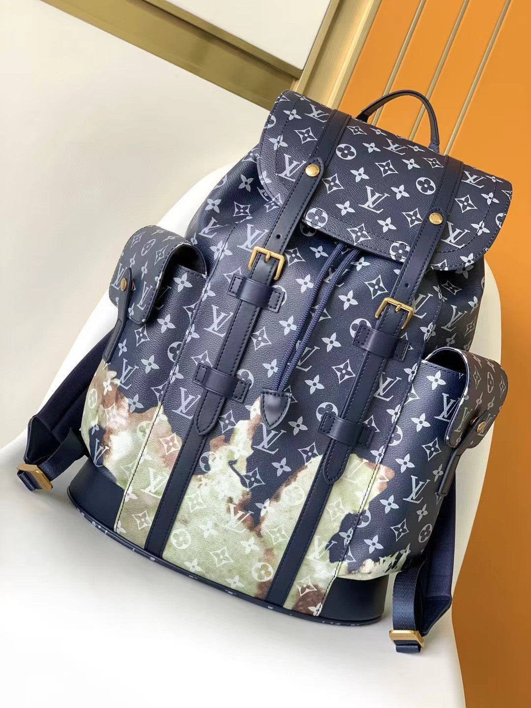 Louis Vuitton Navy Monogram Pattern Backpack with Bleached Watercolor Detail