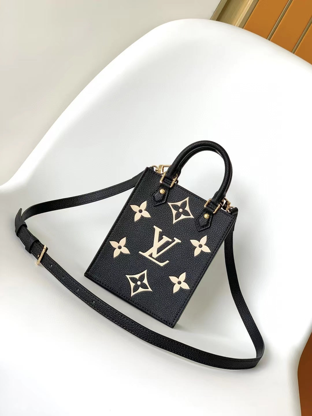 Louis Vuitton Black Embossed Leather Mini Crossbody Tote Bag with Gold Floral Details