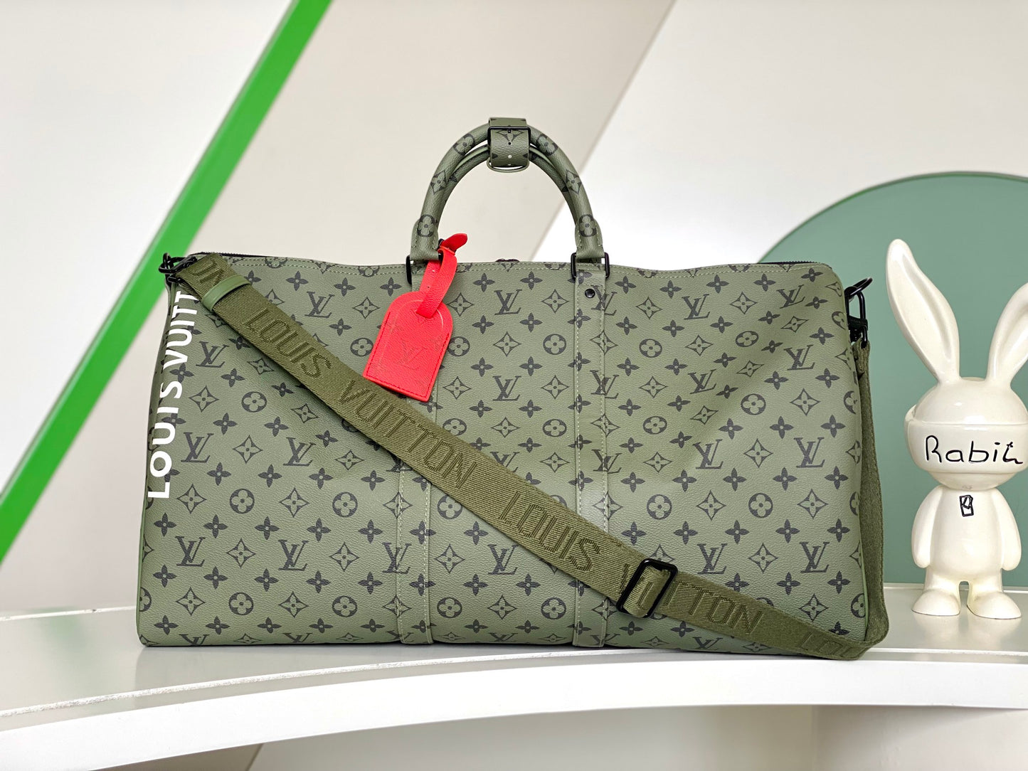 Louis Vuitton Khaki Green Monogram Weekender Travel Duffle Bag with Strap