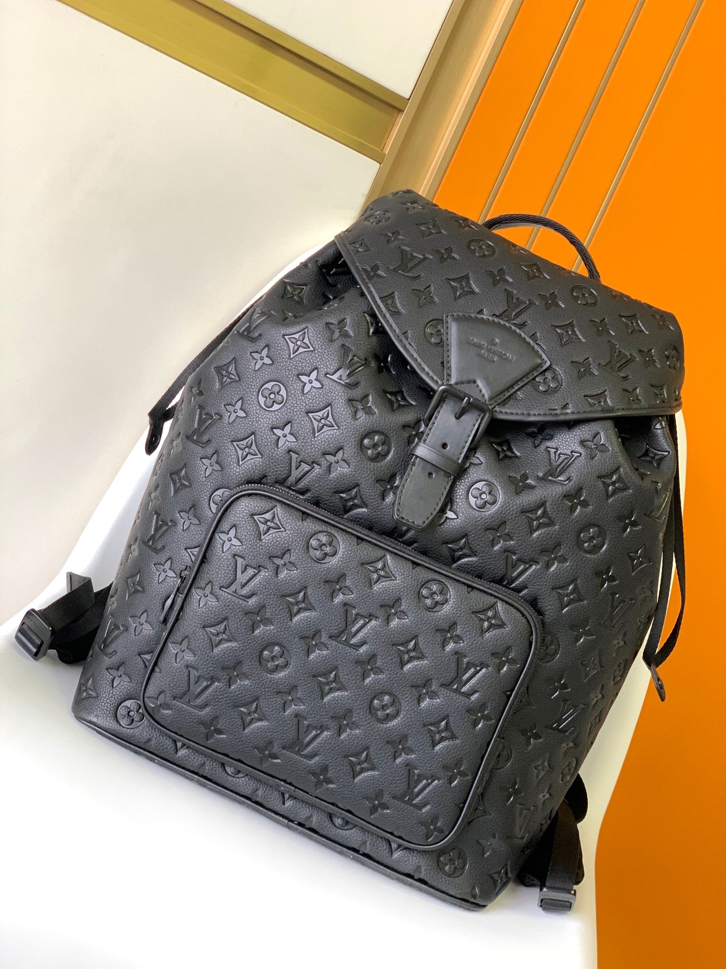Louis Vuitton Matte Black Embossed Monogram Leather Backpack with Buckle Flap