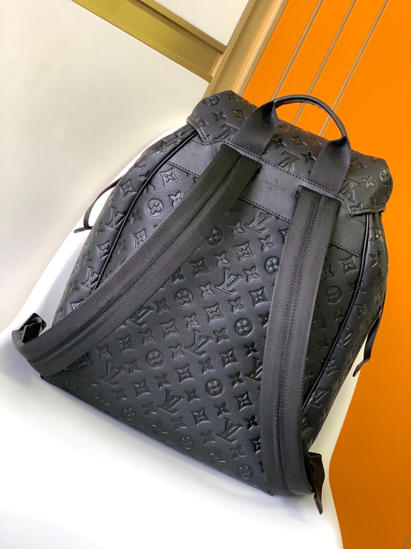 Louis Vuitton Matte Black Embossed Monogram Leather Backpack with Buckle Flap