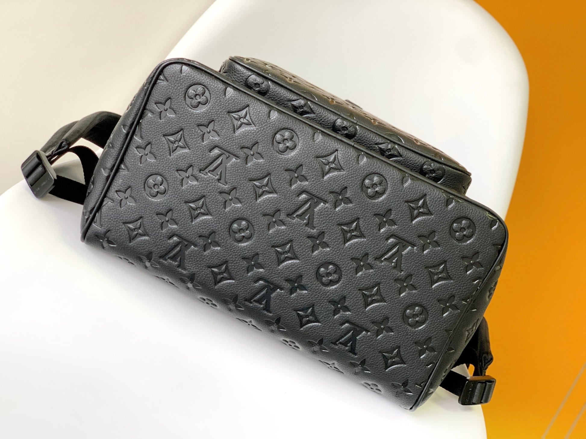 Louis Vuitton Matte Black Embossed Monogram Leather Backpack with Buckle Flap