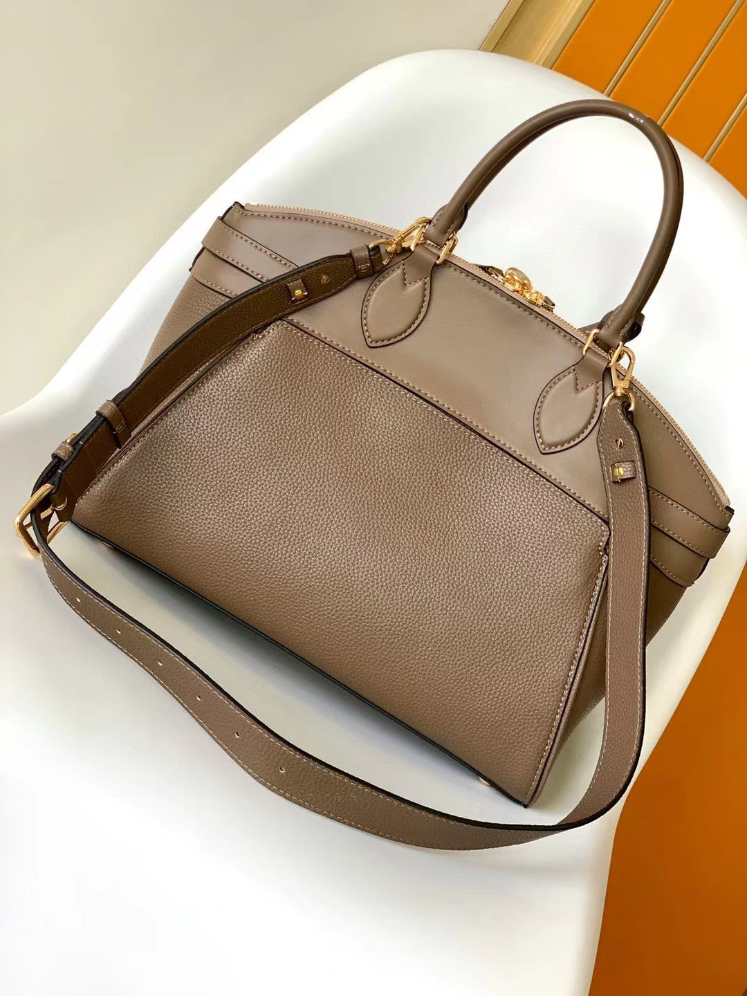 Louis Vuitton Classic Taupe Structured Satchel Handbag with Gold Hardware