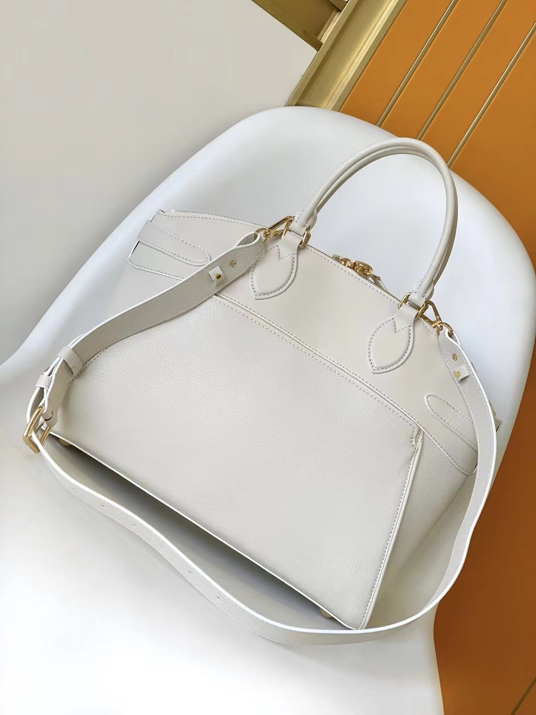 Louis Vuitton Classic Beige Textured Leather Satchel Handbag with Crossbody Strap
