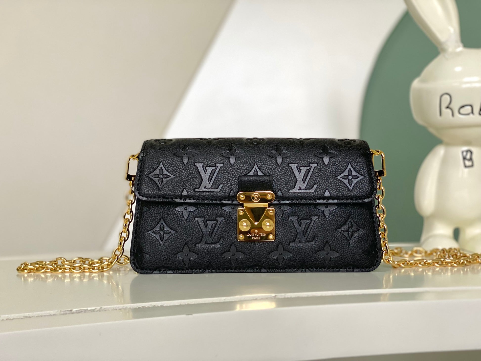 Louis Vuitton Black Embossed Leather Shoulder Bag with Gold Chain Strap