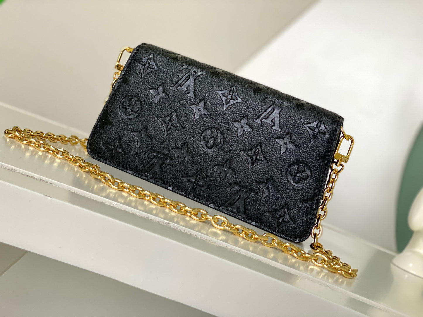 Louis Vuitton Black Embossed Leather Shoulder Bag with Gold Chain Strap