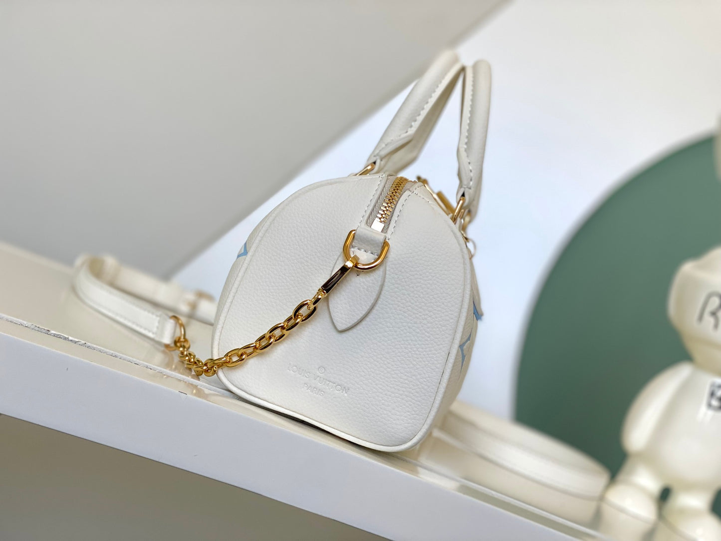 Louis Vuitton Cream and Pastel Blue Embossed Leather Mini Duffle Handbag