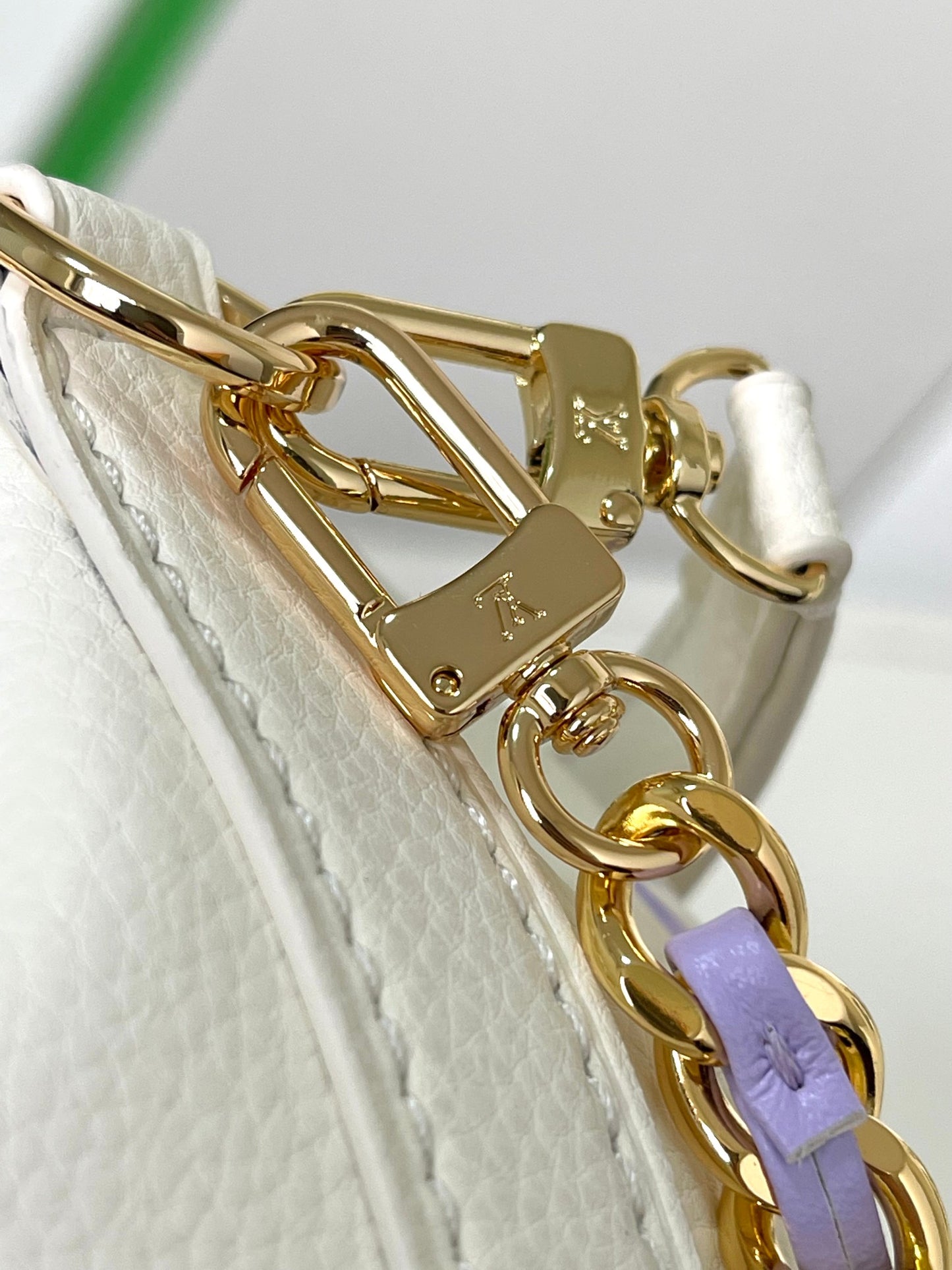 Mini Drawstring Bucket Crossbody Bag - White with Purple Monogram &amp; Gold Chain