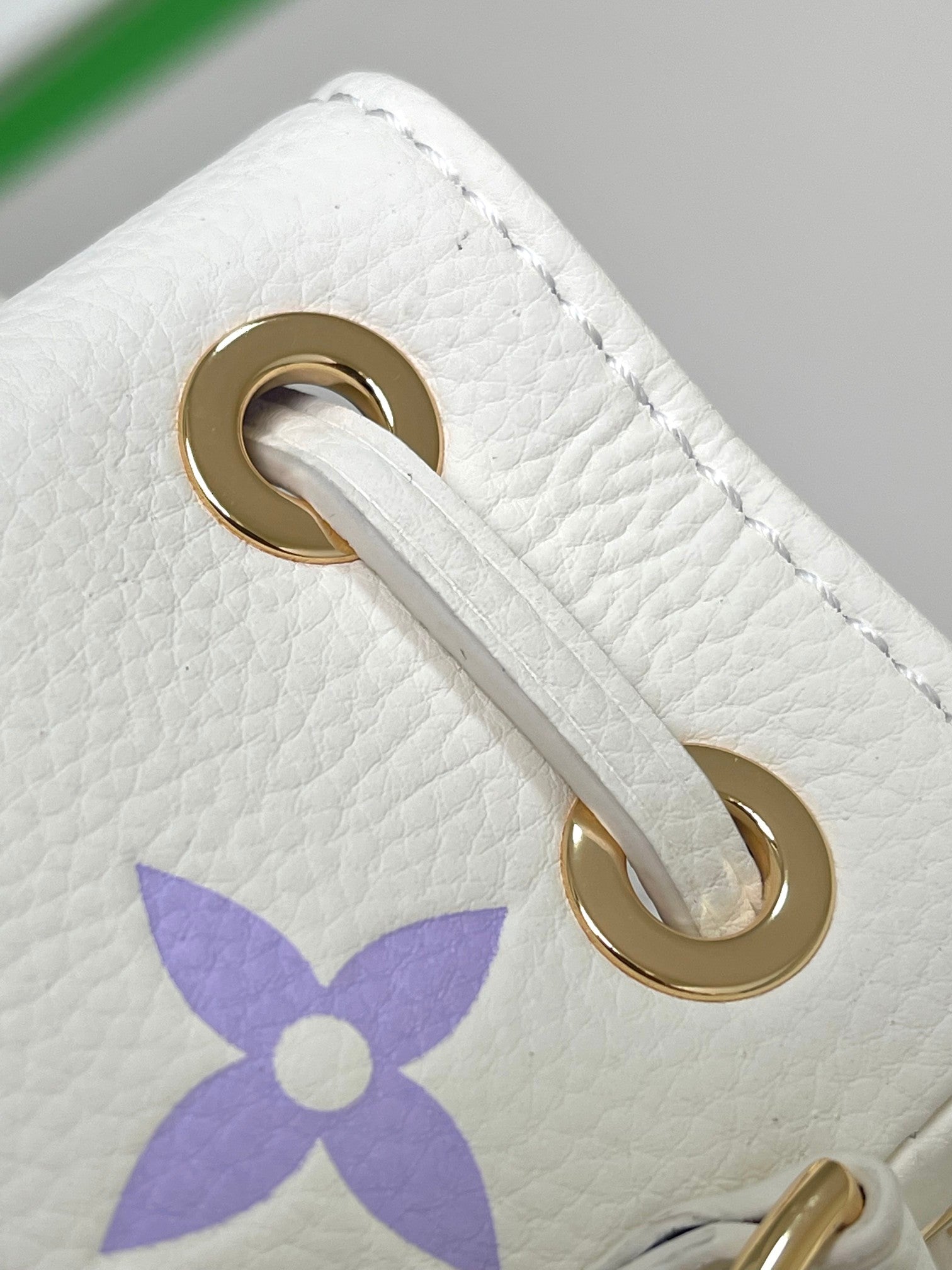 Mini Drawstring Bucket Crossbody Bag - White with Purple Monogram &amp; Gold Chain