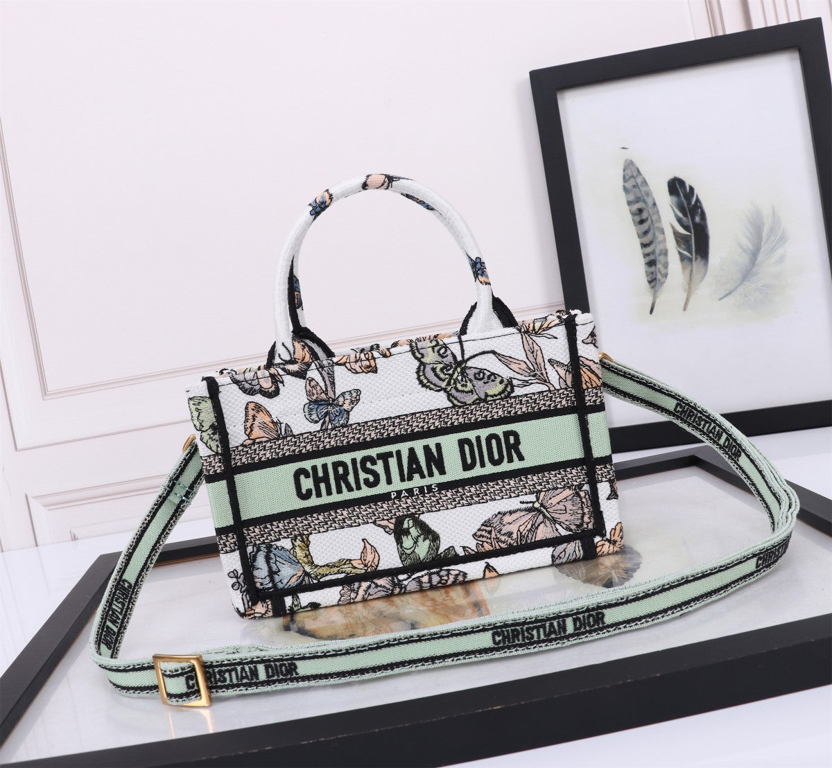 Dior Sage Green Butterfly Embroidered Canvas Handbag with Crossbody Strap