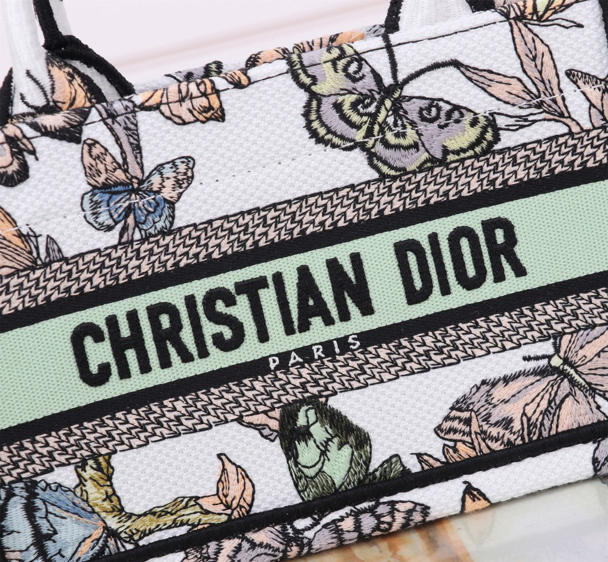Dior Sage Green Butterfly Embroidered Canvas Handbag with Crossbody Strap